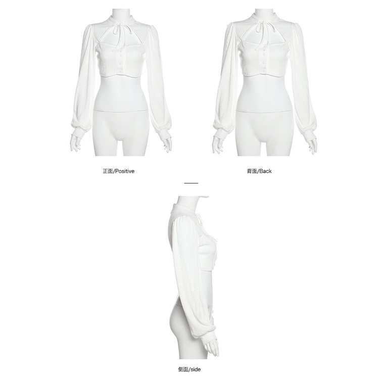 #Sisjuly# Wanita Perancis Retro Lengan Puff Sweater Rajut Desain Hollow Slim Fit Slim Top Wanita Len