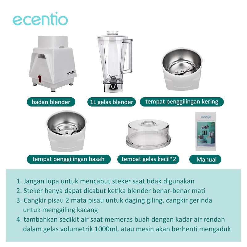 ecentio 1L 1+2 Blender Daging Kapasitas tinggi 1L Food chopper 