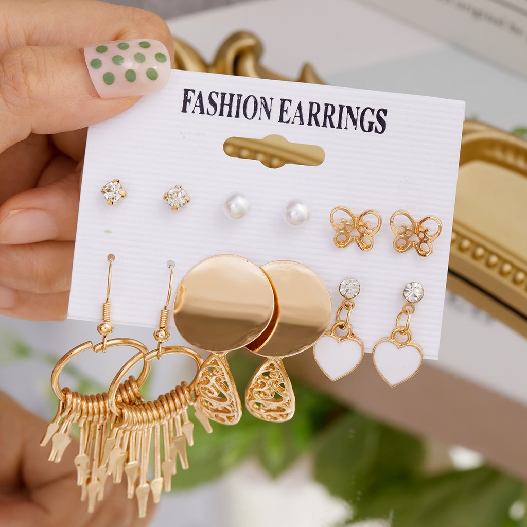 5pcs / 6pcs / set Anting Klip Telinga Kombinasi Desain Kupu-Kupu hollow Hias Mutiara Imitasi Untuk Pria / Wanita butterfly