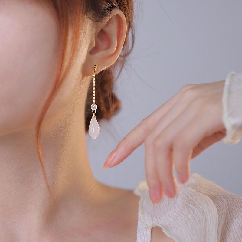 Anting Gantung Panjang Model Bunga Anggrek Bahan Batu Giok Hetian Untuk Wanita