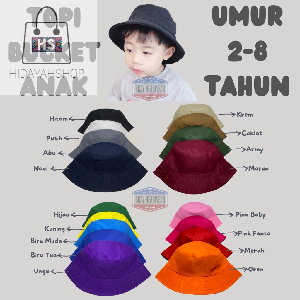 DISKON Topi Bucket Anak Polos Laki Laki / Perempuan Bolak Balik Premium Termurah HIDAYAH