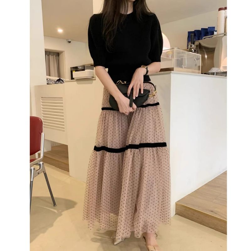 MDLV ~ 9611# Paola Tiered Long Skirt Rok Tutu Polkadot Import