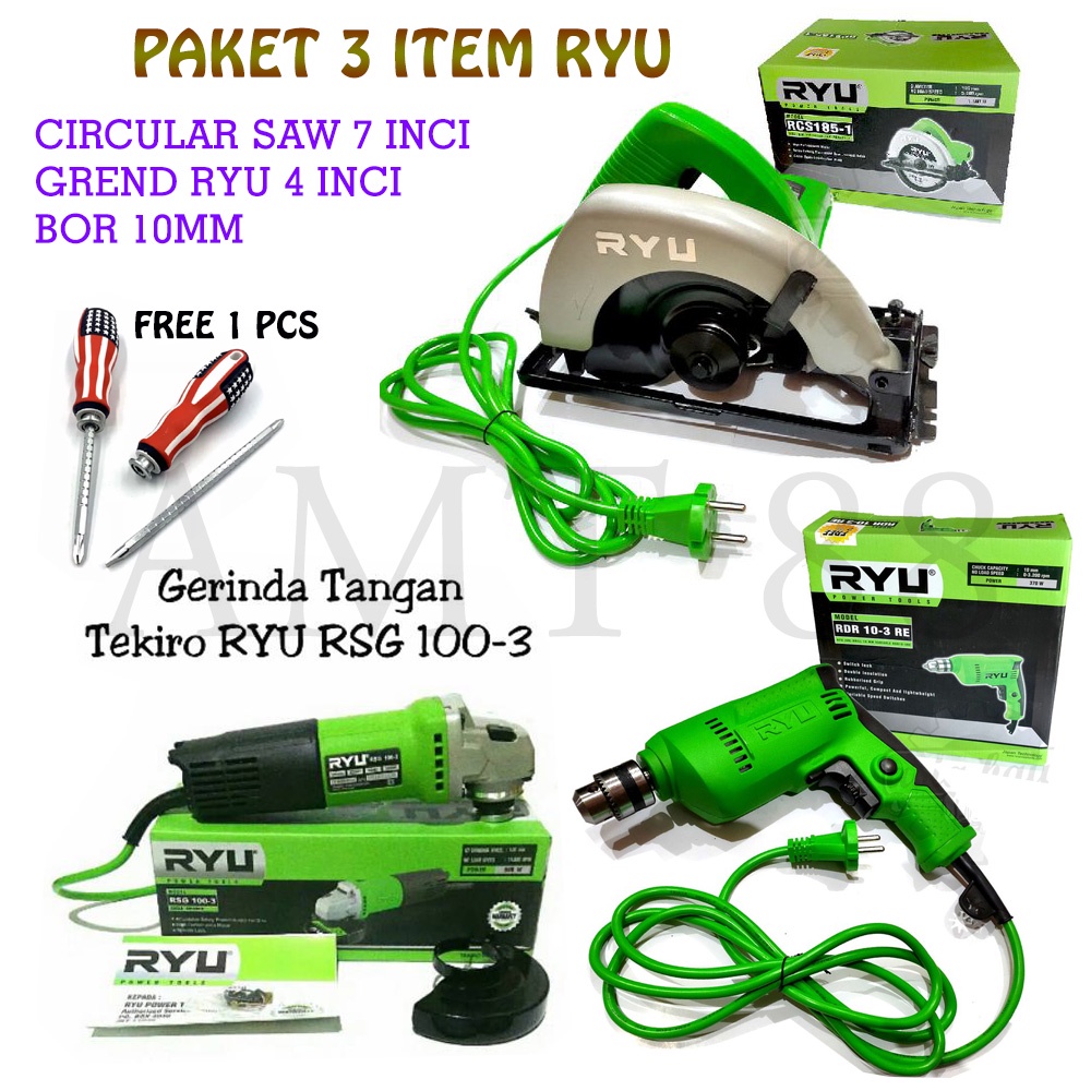 (3 ITEM) PAKET TUKANG KAYU!!! Mesin CIRCULAR RYU + Mesin Bor 10mm RYU + Gerinda 4 inch RYU FEE OBENG