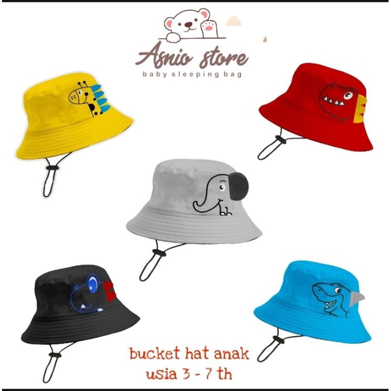 Topi bucket hat anak bordir gambar hewan dino bahan american dril ada tali nya