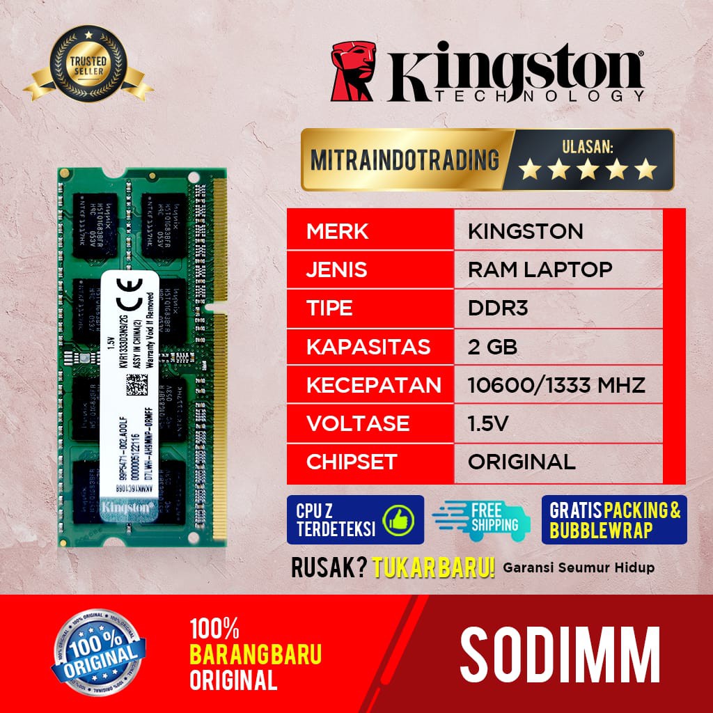 RAM KINGSTON SODIMM DDR3 2GB PC10600 BERGARANSI