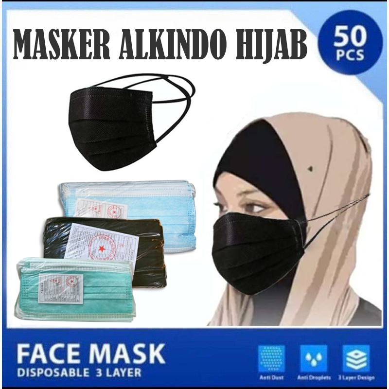 Masker Hijab Alkindo 1 Box isi 50pcs 3ply Headloop Mask Disposable Masker Mulut Daily Mask