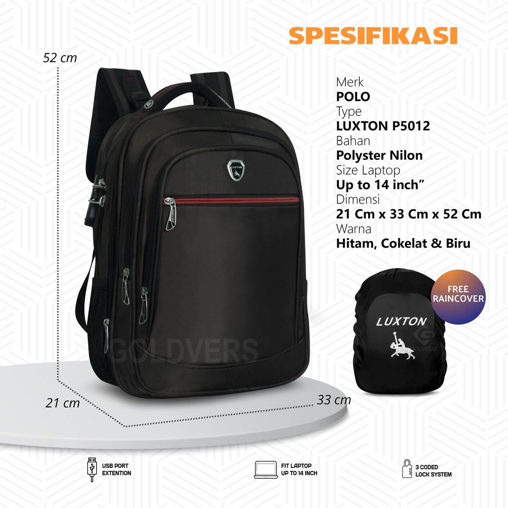 POLO ORIGINAL Tas Ransel Pria POLO 35 Liter Tas Sekolah Tas Unisex Free Ranicover USB Port Extention Lock Code Tas POLO ORIGINAL Classic BERKUALITAS KREATIVO GROUP