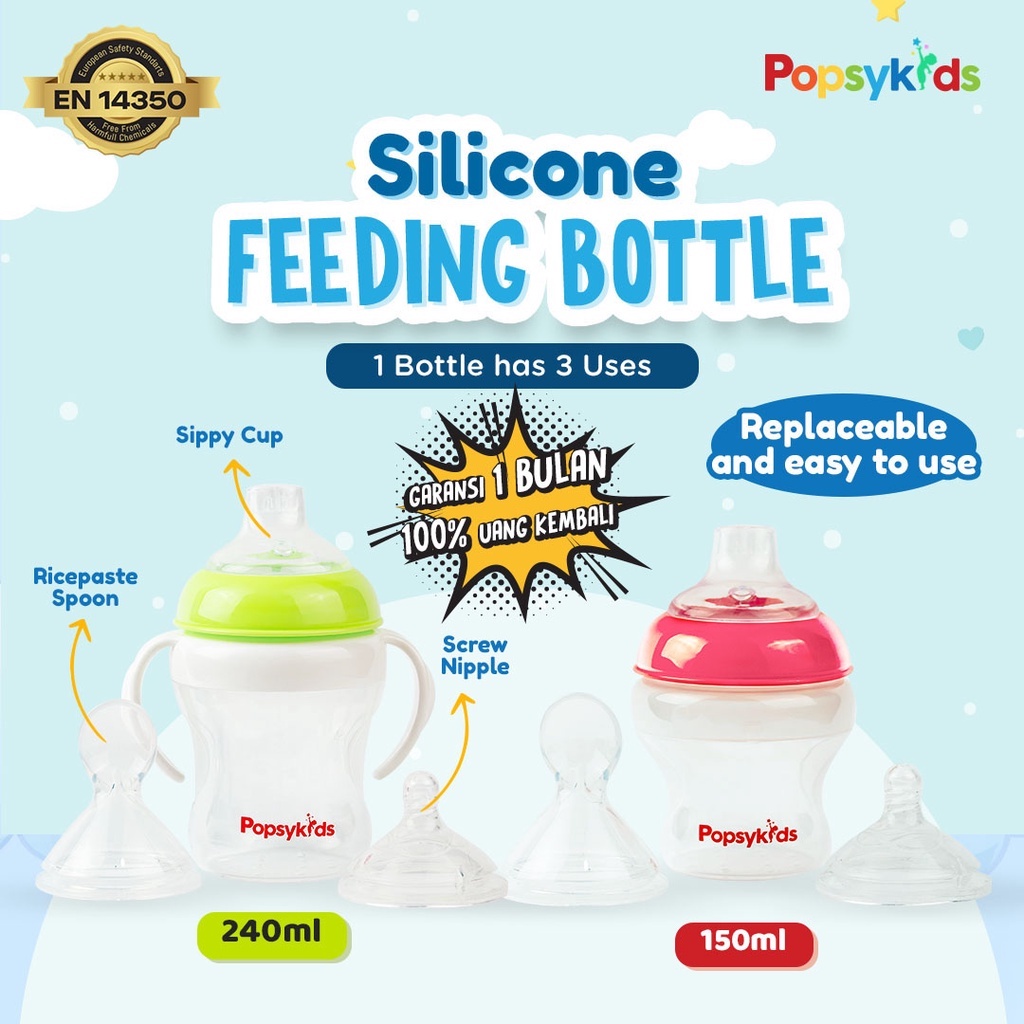 PopsyKids Baby Silicone Milk Bottle Spoon and Sippy cup Nipple 3 in 1 Botol Susu Bayi Silikon Dot Sendok dan SippyCup 3in1