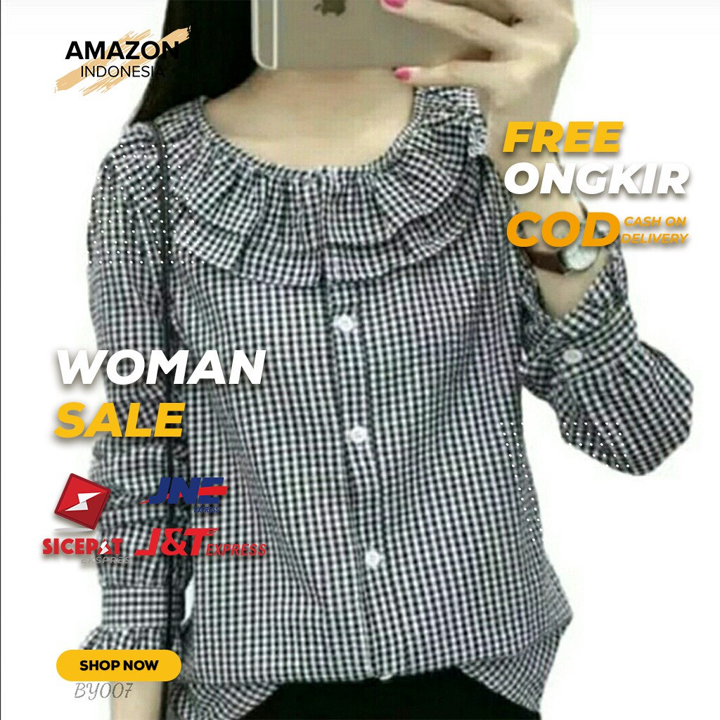 BAJU KAOS WANITA CEWE PEREMPUAN MOTIF KOTAK KOTAK WARNA HITAM PUTIH BAHAN KATUN TEBAL DINGIN IMPORT