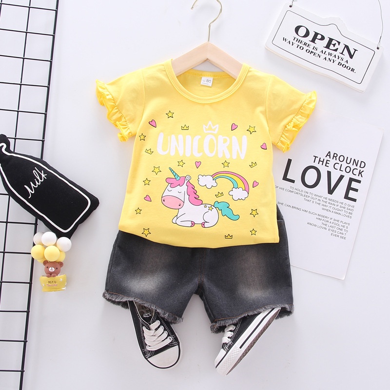NEW Setelan baju lengan pendek dan celana pendek anak motif unicorn