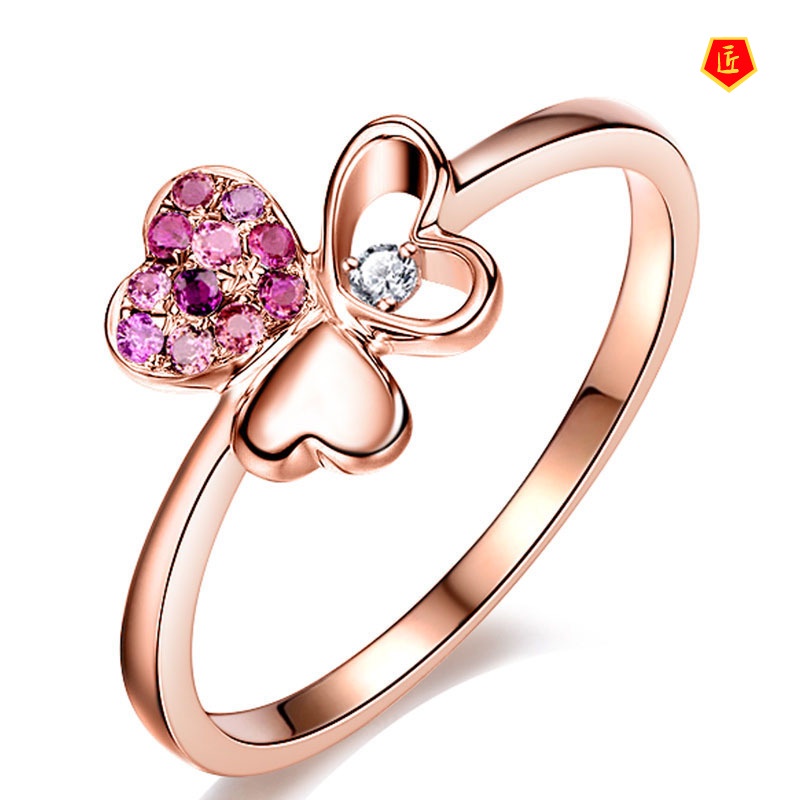 [Ready Stock]Silver Colors Gem Heart Shape Clover Ring