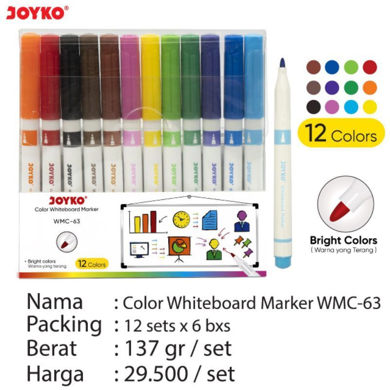 

JOYKO Spidol Warna Papan Tulis Color Whiteboard Marker WMC-63 12 Warna