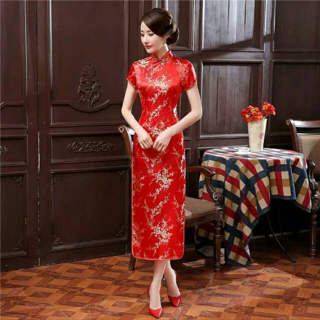 ReStock Qipao Long Dress Bunga Sakura Hitam Merah