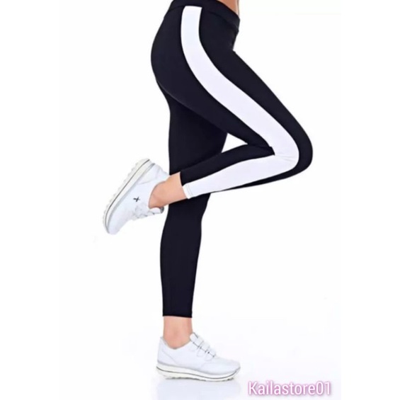 Celana Legging Strip Putih Bahan Spandex / Celana Legging Wanita