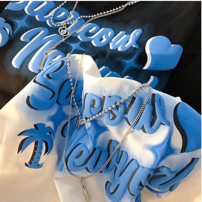 [littlecrab] Kaos Oversize Saercow Newyork With Additional Double Chain Love Coconut Tree Star Tshirt Rantai Swag Unik Aesthetic Street Style T-shirt Berkualitas Couple Unisex Korean Style