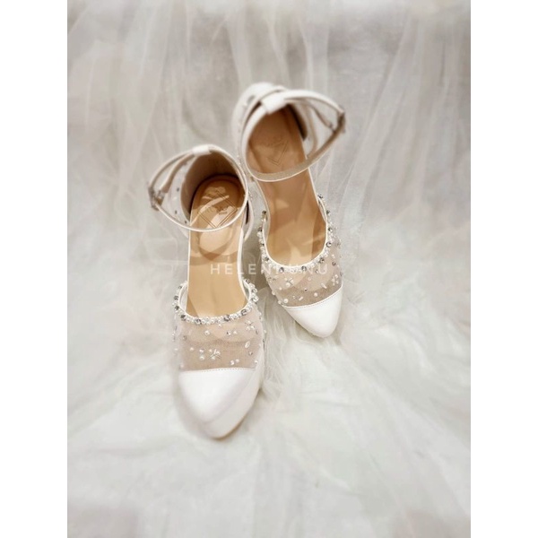 sepatu heels bride pengantin wanita putih mutiara kristal 12 cm medium