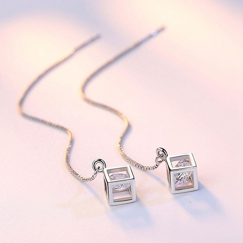 1Pair 925 Sterling Silver Earring Crystal Cube Shape Earrings