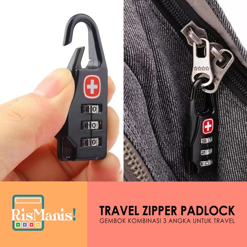 TRAVEL ZIPPER PADLOCK - Gembok Swiss Kuat Kombinasi Angka Kode Rahasia Koper Ransel Liburan Aman