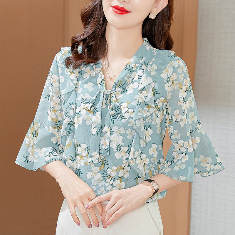 COD New 2022 Fashion Korean Chiffon Floral 3/4 Sleeve Shirts Pink Blue Women Blouse Tops Pakaian Serban