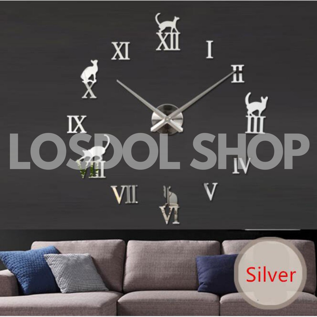 Jam Dinding Besar DIY Giant Wall Clock Quartz Creative Design Model Kucing Lucu - DIY-203 - Silver