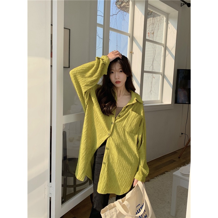 Kemeja Lengan Panjang Wanita Terbaru Crinkle Shirt Oversize Korean Style Blouse Import