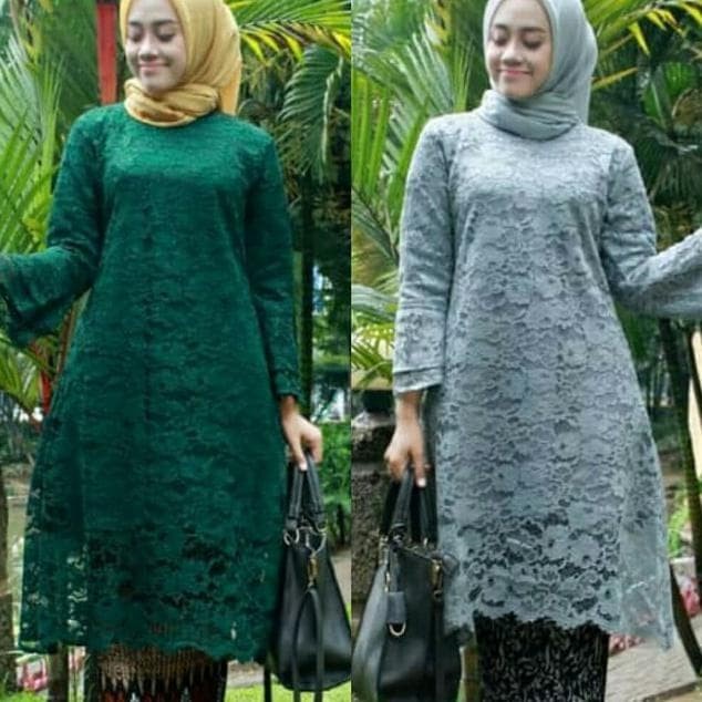 Atasan Kebaya Brukat Panjang/Baju Kurung Best Seller Warna Hijau Botol dan Grey