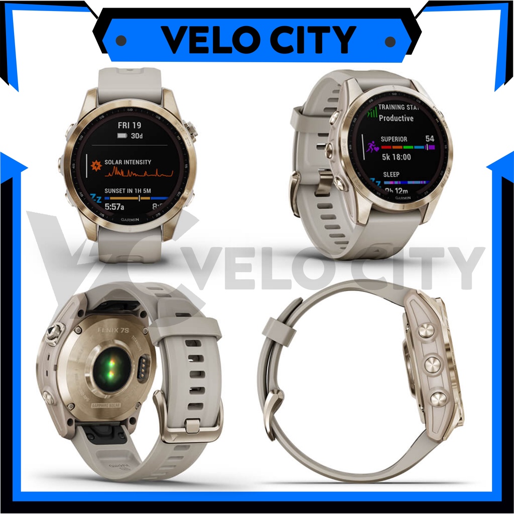 Garmin Fenix 7S Solar Sapphire Cream Gold Titanium Cream Nylon Band Garansi Resmi TAM 2 Tahun