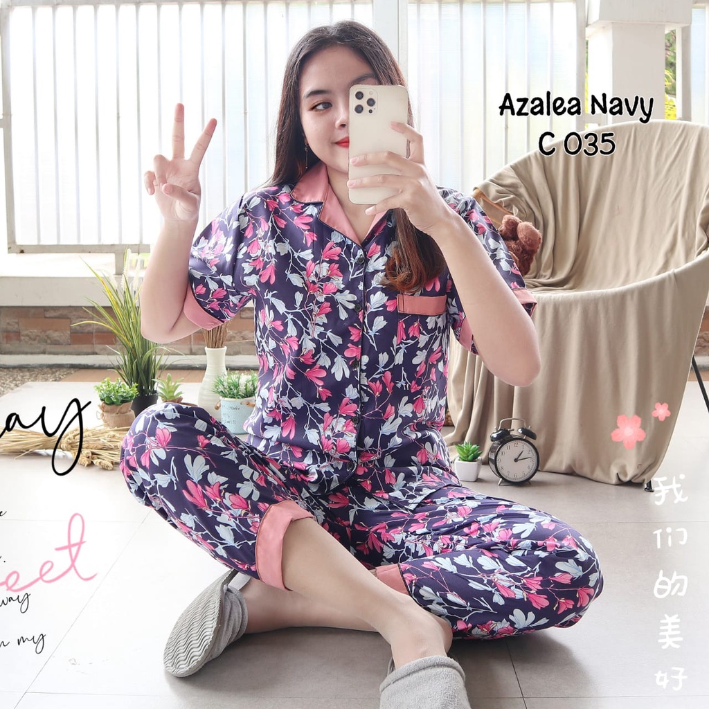 PIYAMA DEWASA PIYAMA WANITA CP LD 106 bunga stripe polkadot-azalea navy