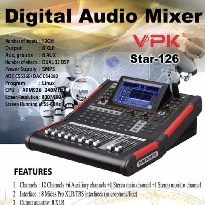 Digital Audio Mixer Vpk Star126 12Ch+Output 8Xlr+6Aux Ch+Dual 32 Dsp Mixing Star 126 ( Bayar Ditempat )