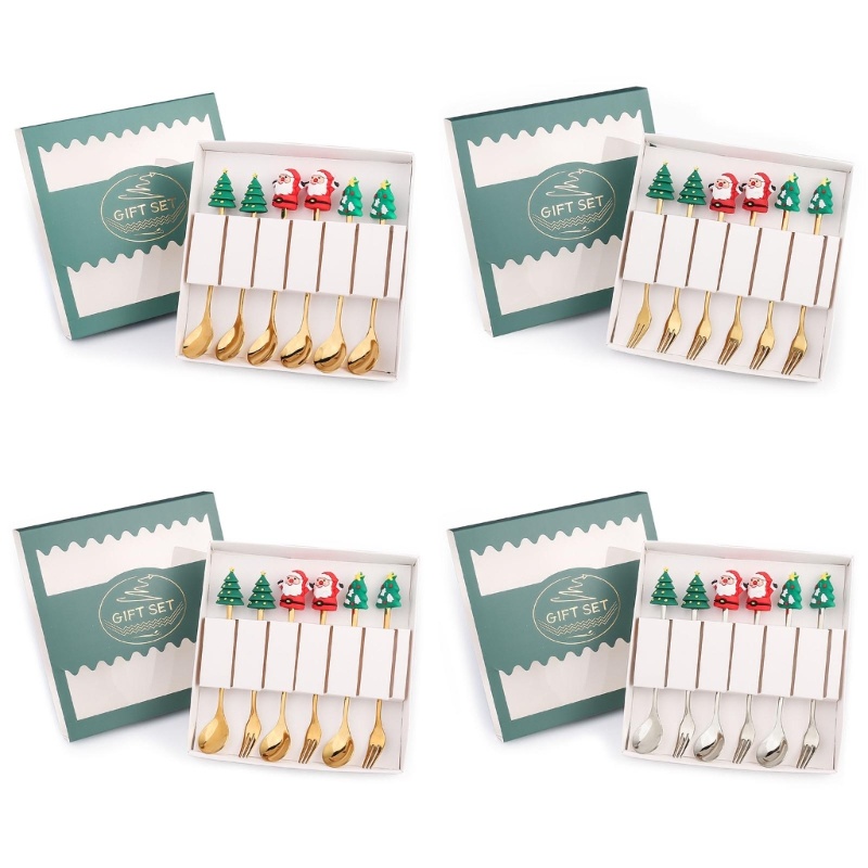 6pcs / set Sendok Garpu Bahan Stainless Steel Dengan Liontin Santa Claus Untuk Pohon Natal