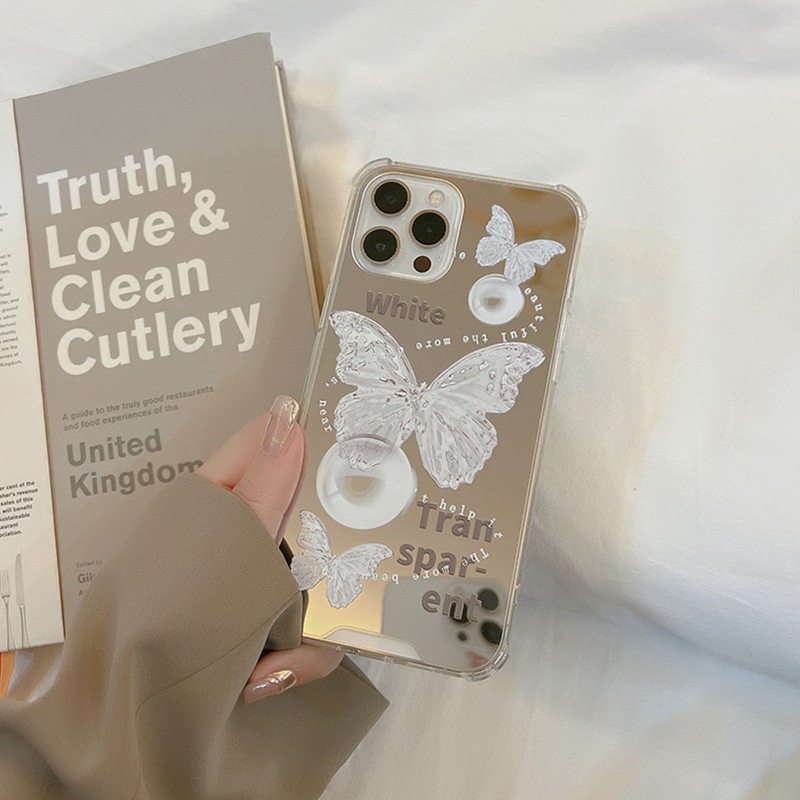 Soft Case Silikon Motif Kupu-Kupu Putih Dengan Cermin Makeup Untuk IPhone 7 8 Plus X XR XS Max 11 Pro Max 12 13 Pro Max SE 2020