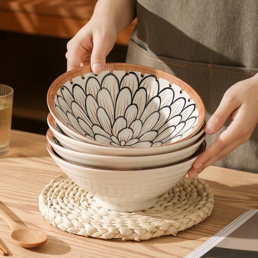Mangkok Keramik Ramen Motif Anyaman - Ukuran 20cm