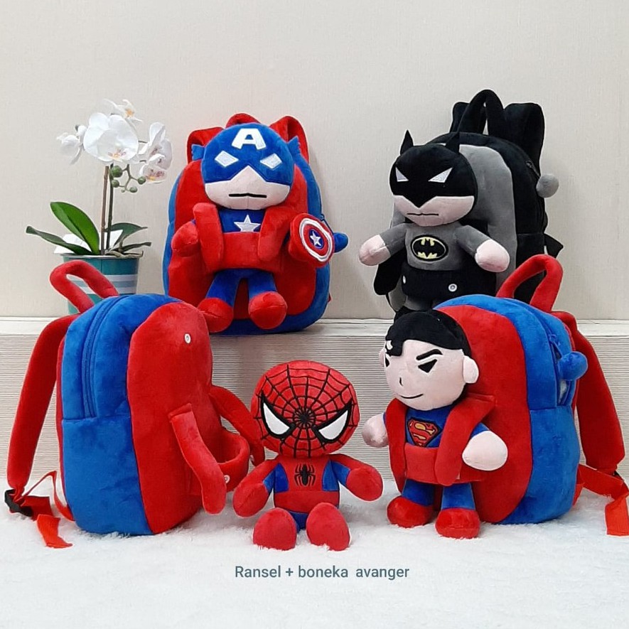 Tas Ransel Boneka Superman Spiderman Kapten Batman anak Paud/Tas Karakter /Boneka Bisa Dilepas