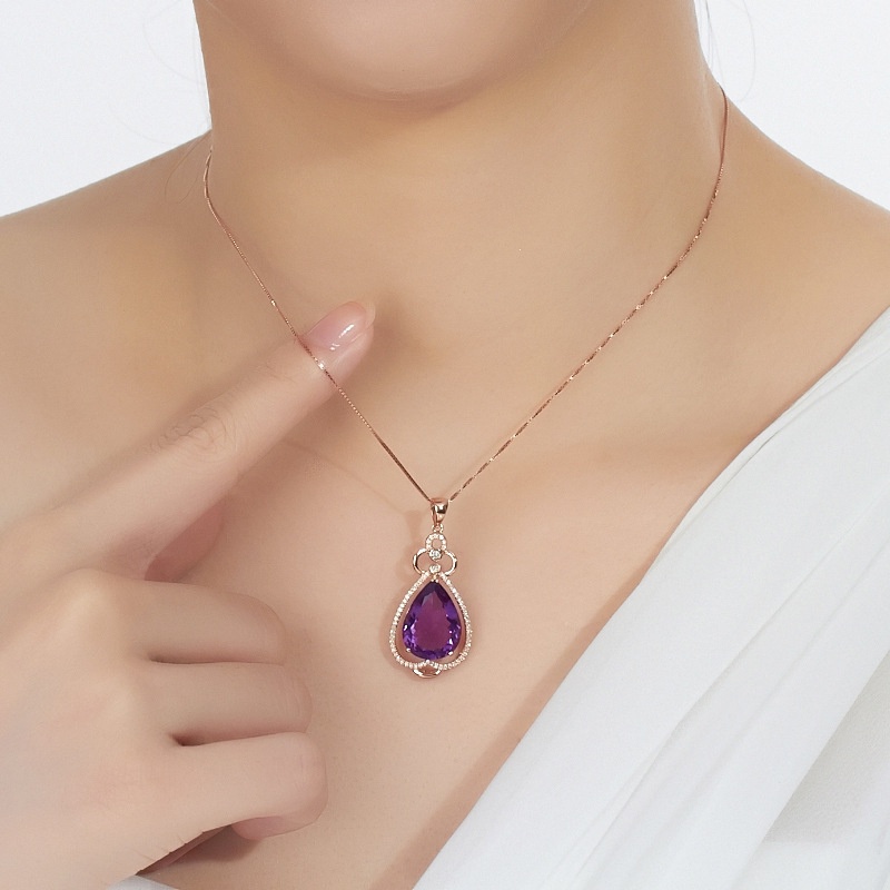 [Ready Stock]Stylish Water Drop Pear-Shaped Amethyst Pendant 18K Rose Gold Plated Diamond-Studded Necklace