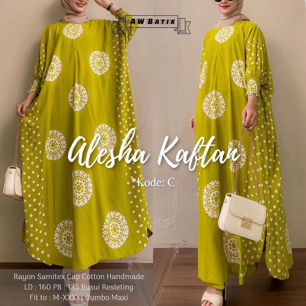 Batik A W - Alesha Kaftan Batik Wanita Jumbo XXXXL Motif Batik Cap Encim Soft Color Busui Resleting Lengan 3/4 Gamis Rayon Jumbo Kaftan Terbaru