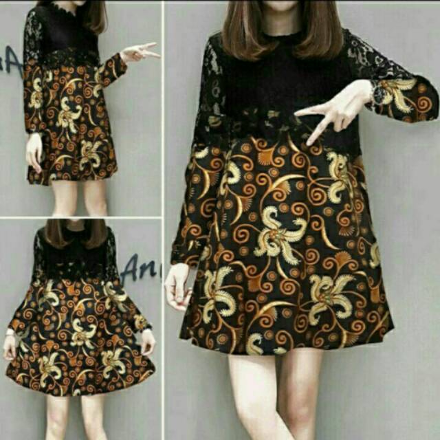 Dress Midi/Mini/Gaun Batik Combi Brukat Hitam Modern Etnik Simple Lucu