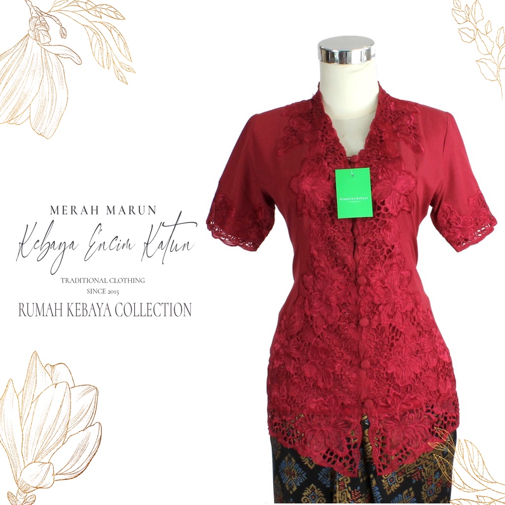 Kebaya Encim Kartini Katun Bordir Modern Merah Marun Lengan Pendek Bigsize Jumbo