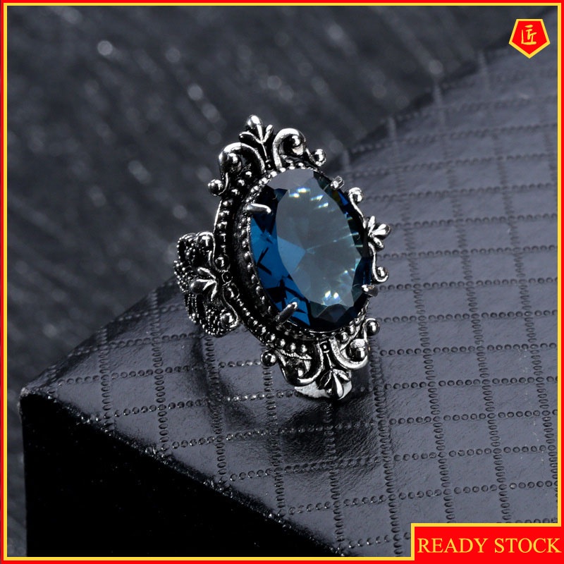 [Ready Stock]Blue Topaz Ring European and American Retro 925 Silver