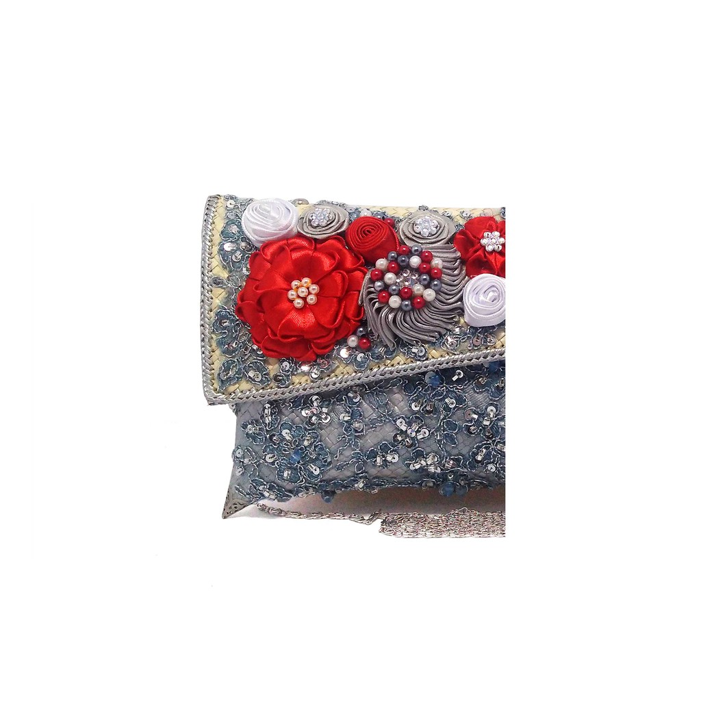 Putra Sukapura Clutch Pesta Anyaman Pandan Eksklusif Silver Red Full Brokat Dompet Wanita