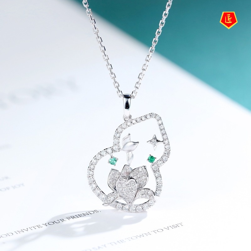 [Ready Stock]Retro Artistic Gourd Necklace with Lotus Emerald Zircon Pendant