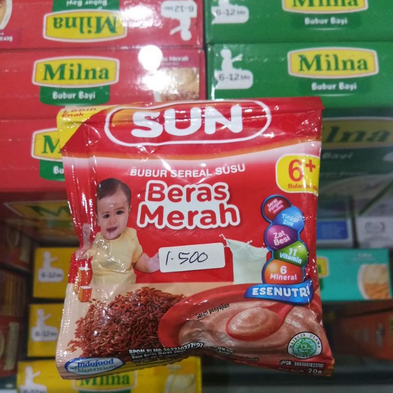 SUN BUBUR SEREAL SUSU 6+ SACHET BERAS MERAH, PISANG SUSU, AYAM KAMPUNG &amp; BAYAM 20GR