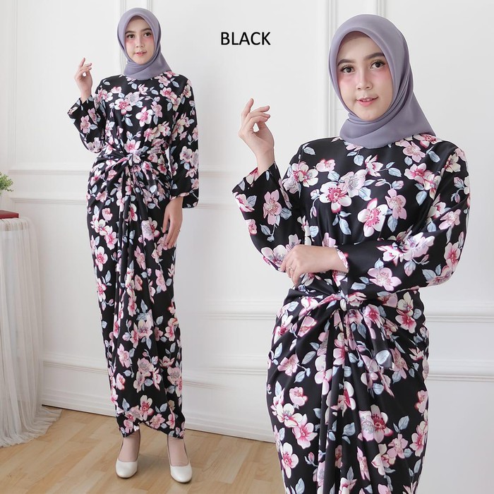 KAFTAN IKAT/ KAFTAN MUSLIM HALIMAH MOTIF BUNGA HITAM
