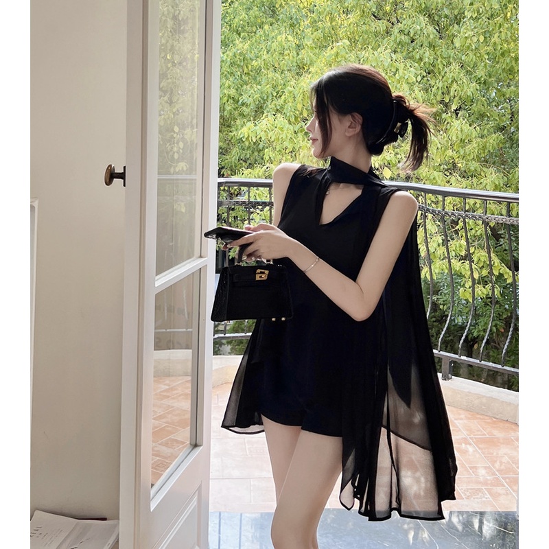 Suhao hitam v-neck kemeja gaun peri musim panas gaun hitam kecil temperamen halter leher sifon tanpa