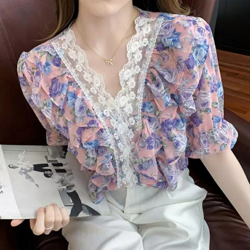 MDLV ~ 2422# Darrena Ruffle Top Sifon Blouse Flower Blouse Korea Fashion Import