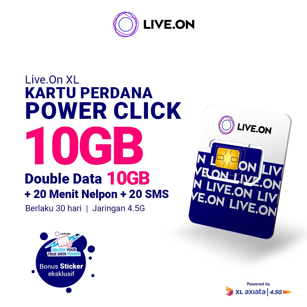 Live.On Kartu Perdana Power Click Double Data 10GB (30 hari) + 2GB/Bulan (Total 10GB) Jaringan 4.5G