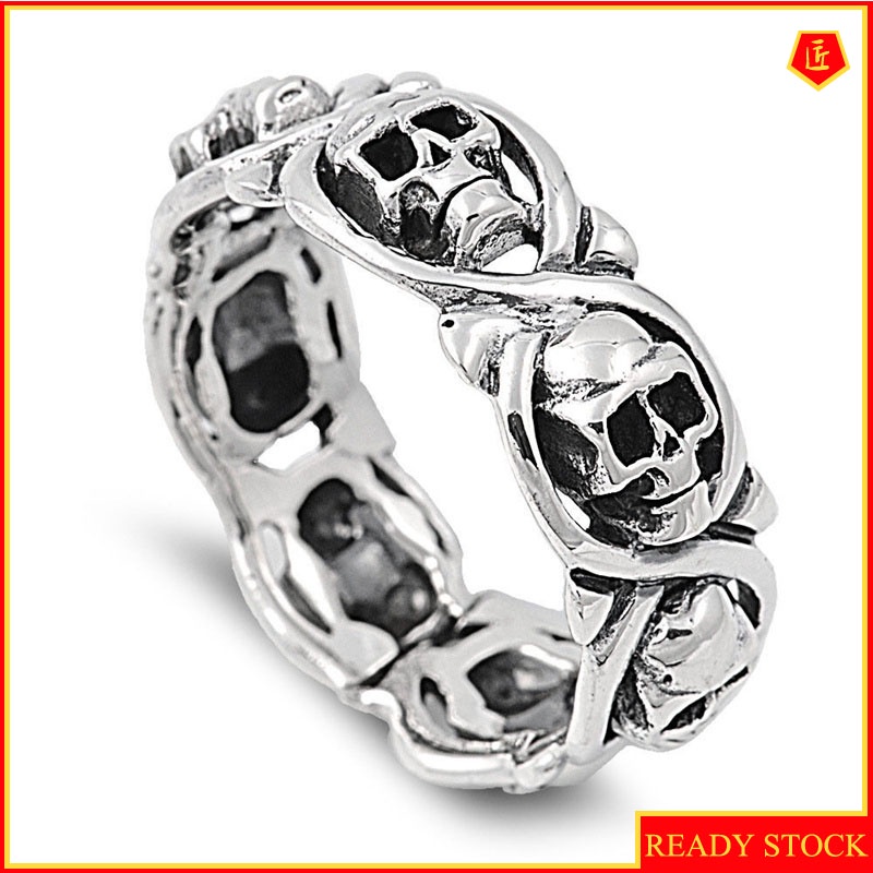 [Ready Stock]Creative Retro Silver Full Circle Skull Ring Halloween Ornaments