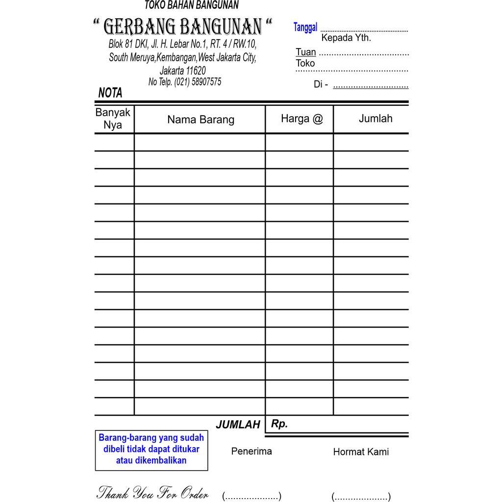 

nota custom 1 ply q/4 folio isi 10 buku