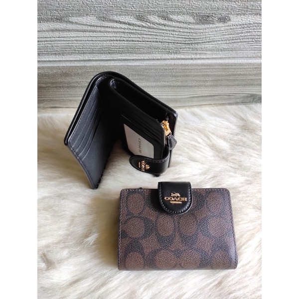 Coach C0082 Signature Medium Corner Zip Wallet Brown Black | dompet coach