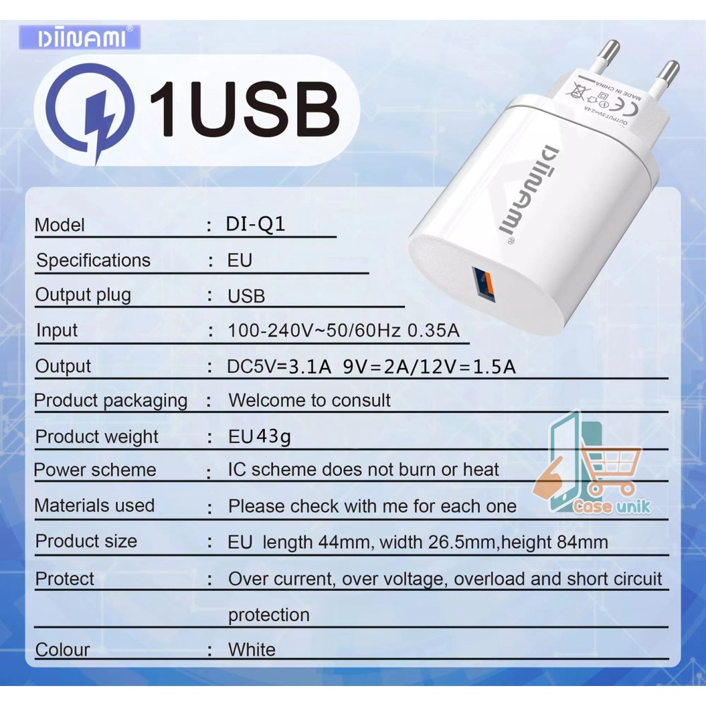 DIINAMI Adaptor Charger DM-Q1 Batok Charger Single Port Quick Charger 18W Qualcomm QC3.0 3A Output - Garansi Original Resmi 1 Tahun CS4604