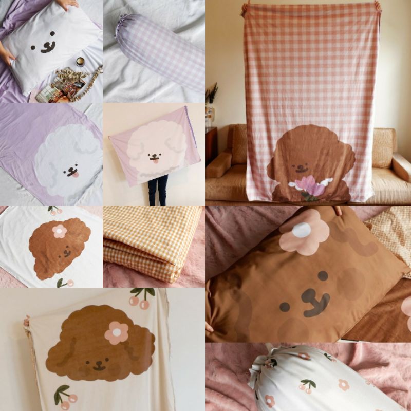 Kellysandco Warm Throw Blanket, Pillow + Bolster Case, White Poodle, Brown Kellys KCO, Madwithlove